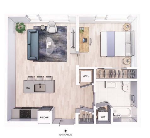 A floor plan of a small apartment with a kitchen, living room, and bathroom.